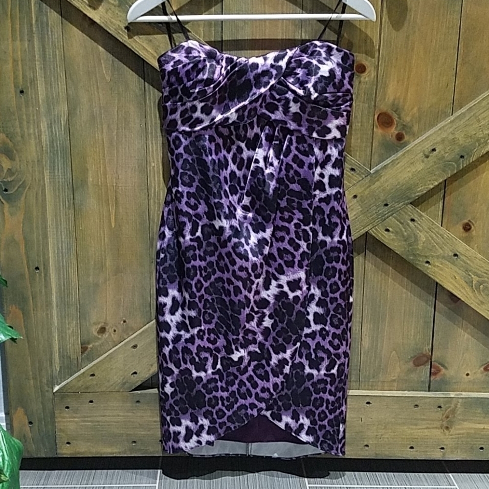 PURPLE BLACK LEOPARD ANIMAL PRINT STRAPLESS DRESS STRETCH SEXY MOBWIFE CLUBWEAR